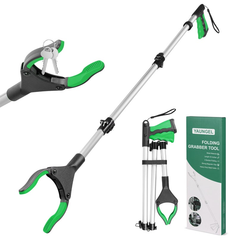 YAUNGEL 43'' Litter Pickers, Grabber Stick with Magnet, Grabber for Disabled, Extra Long Foldable Litter Pickers for Adults, 108CM Pick Up Stick Grabber with 360Â° Rotating Jaws Reaching Aids (Green)